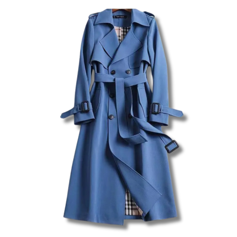 Ladies' elegant long trench coat with belt, classic outerwear for autumn and winter fashion.