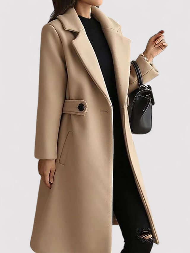 Stylish camel women's winter coat with belt, providing elegant warmth and a flattering silhouette for cold seasons.