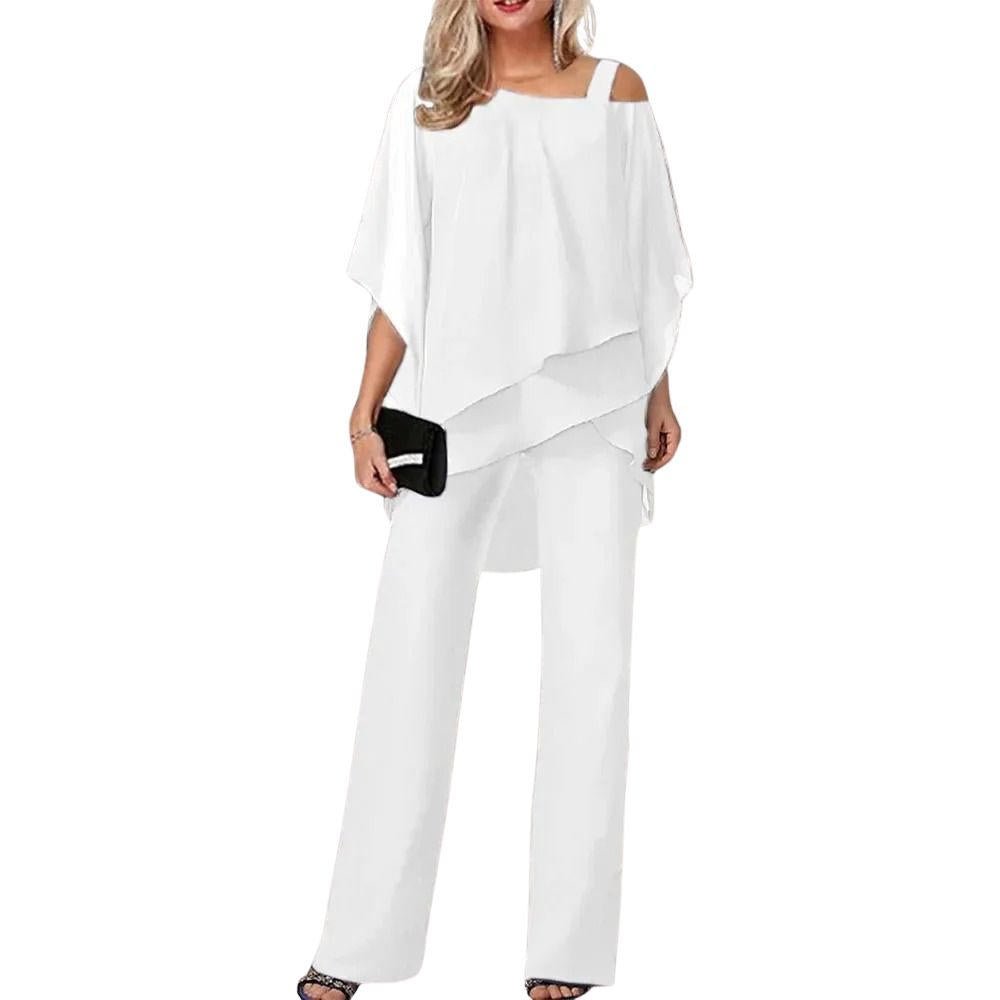 Dressy two-piece women's pantsuit with batwing sleeves, wide leg & elegant overlay, ideal for parties.