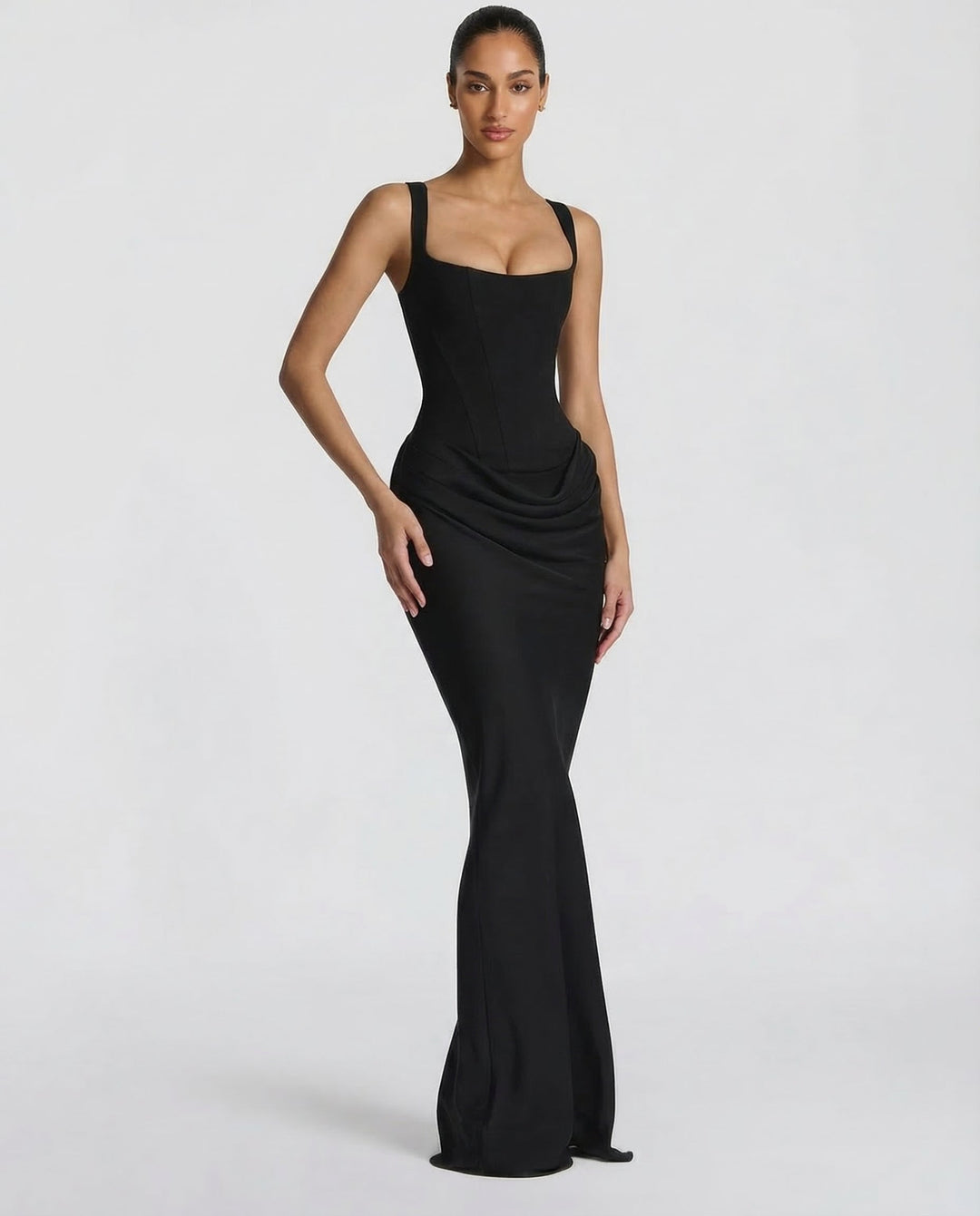 Elegant women's black corset maxi dress with draped waist, sculpted silhouette, and square neck for formal events.