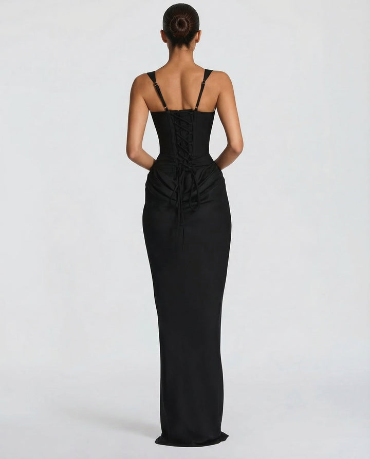 Stunning women's draped corset maxi evening gown, perfect for formal occasions and parties, featuring a sculpted waist.