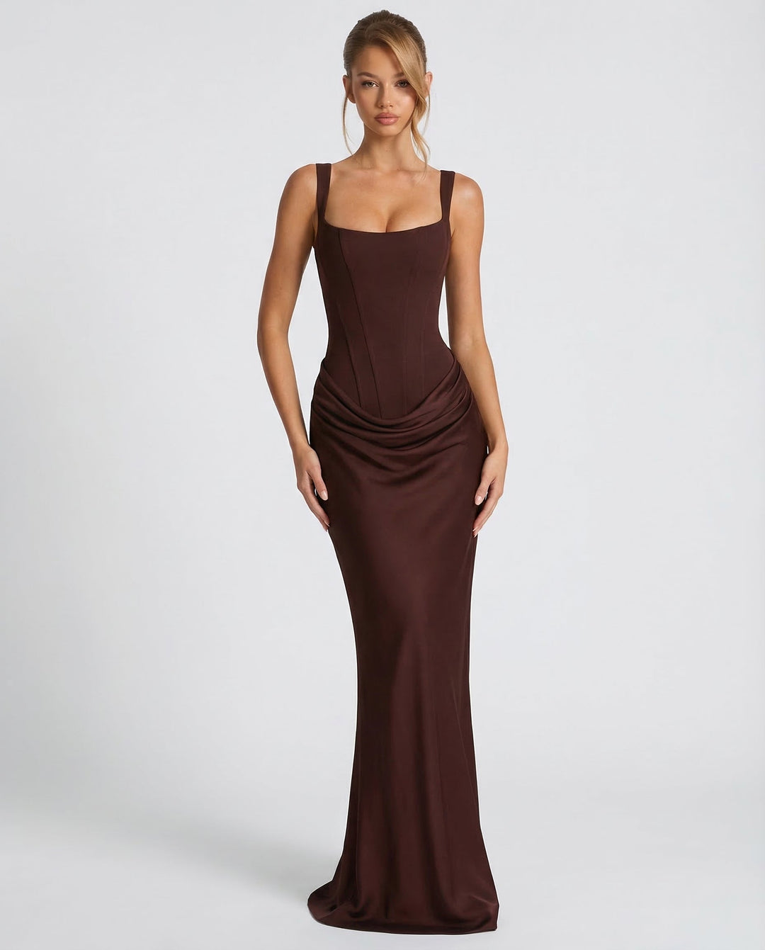Women's sophisticated square neck corset maxi dress with a flattering draped waist and sculpted, elegant silhouette.