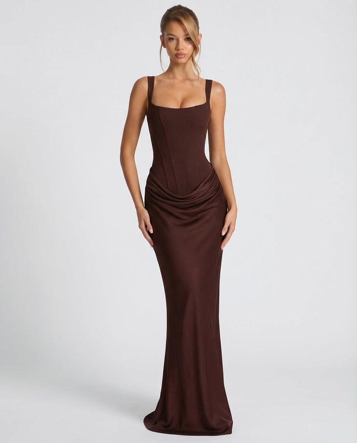 Women's sophisticated square neck corset maxi dress with a flattering draped waist and sculpted, elegant silhouette.