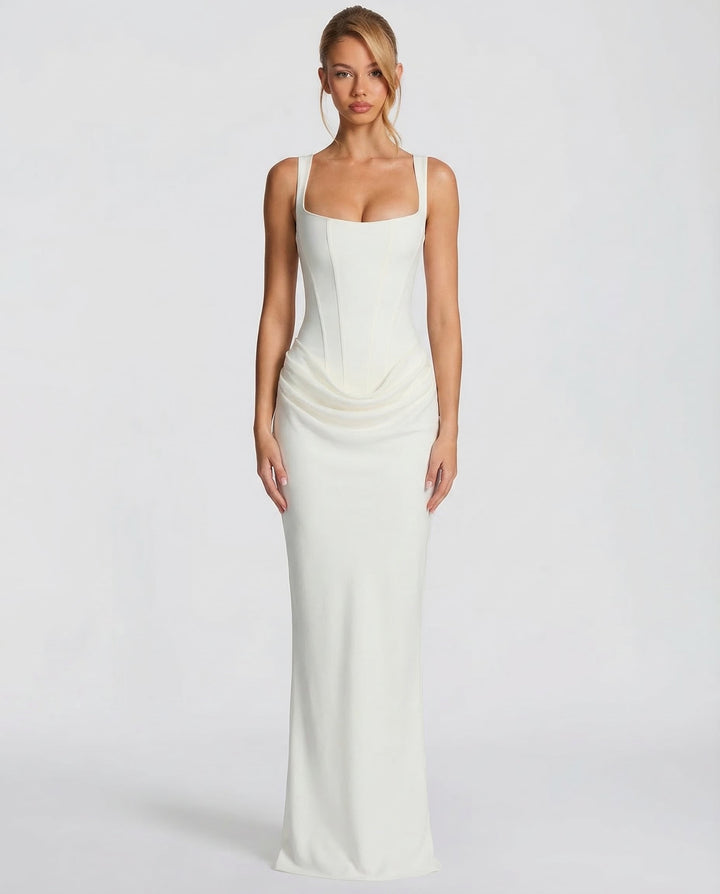 Women's elegant draped corset maxi dress. Sculpted silhouette, square neck, perfect as an evening or party gown.