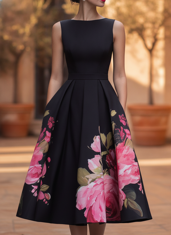 Elegant women's black floral sleeveless draped midi dress, perfect for evening events & wedding guests.