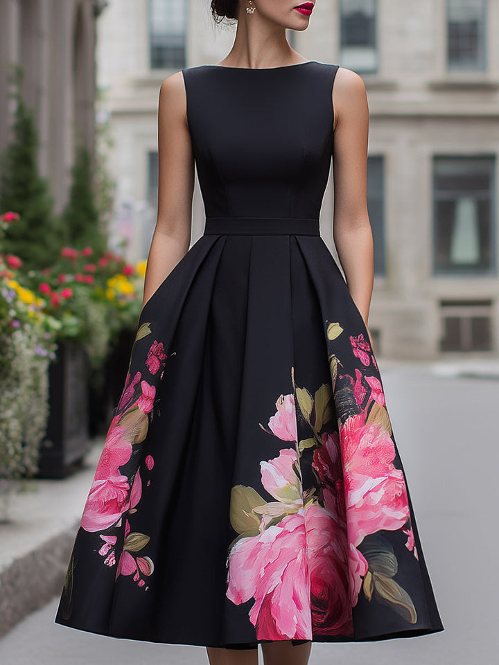 A-line women's floral sleeveless midi dress with draping, ideal for cocktail parties & formal wear.