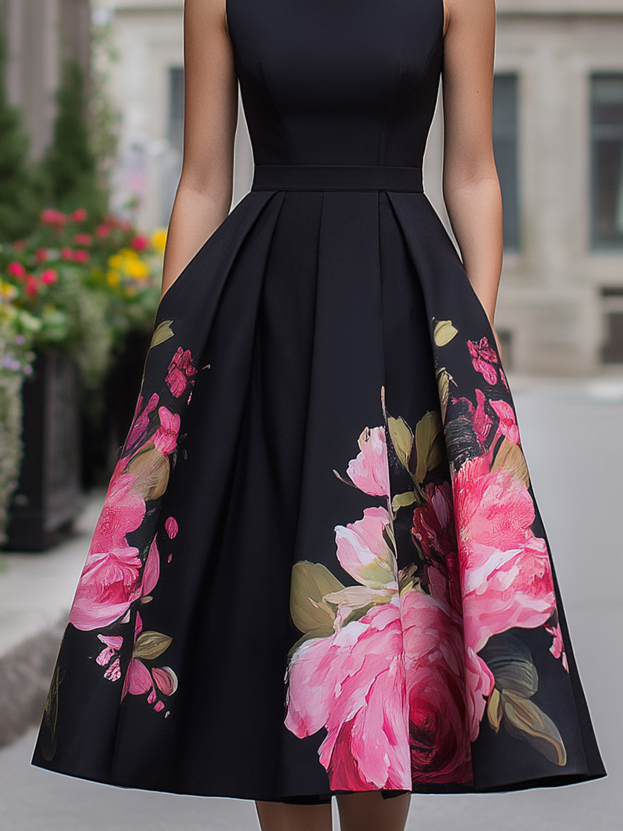 Black floral sleeveless evening midi dress for women, a chic choice for formal occasions & party wear.