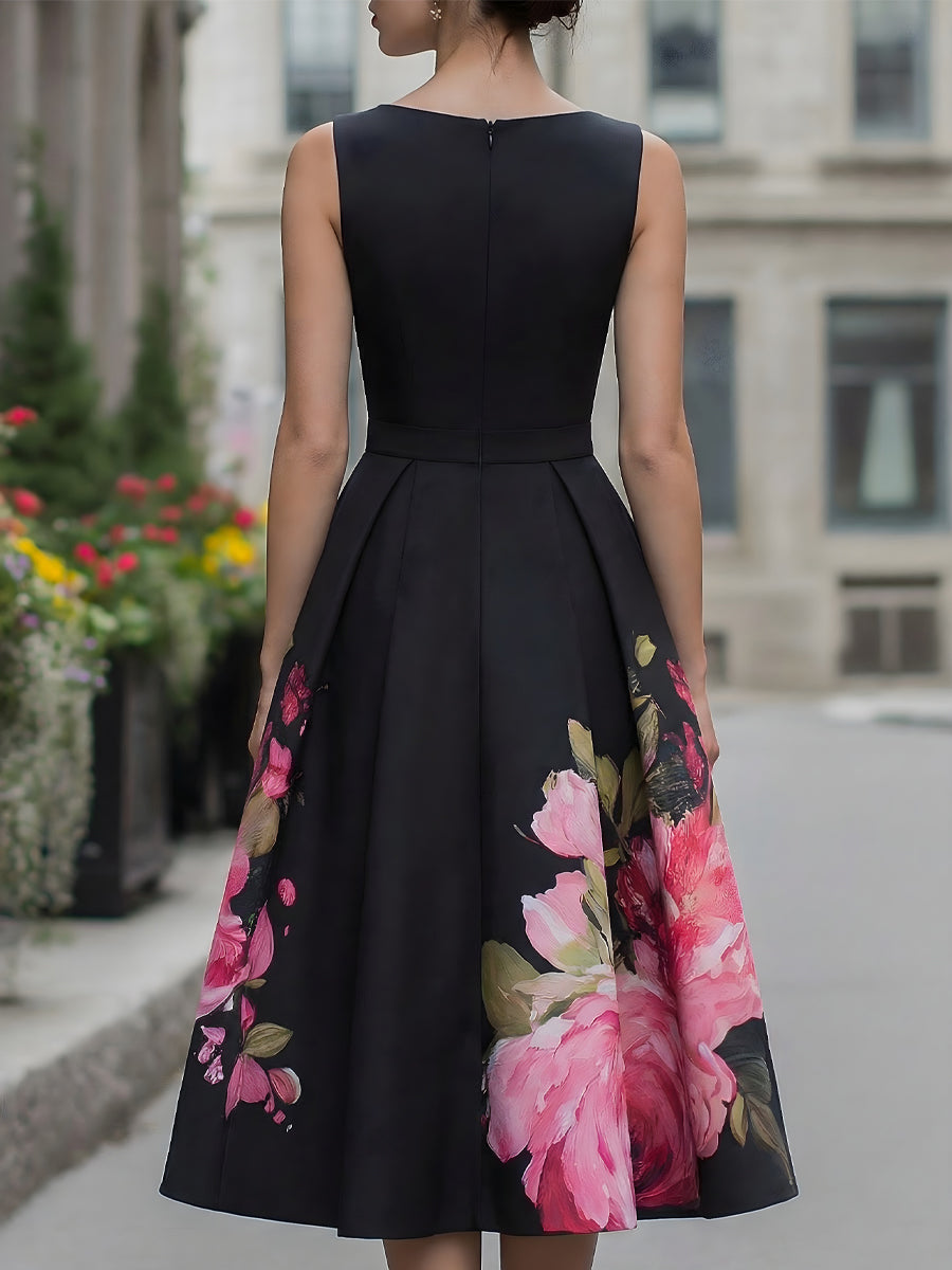 Chic women's draped floral midi dress, sleeveless, perfect for evening, cocktail, party, or wedding guest.