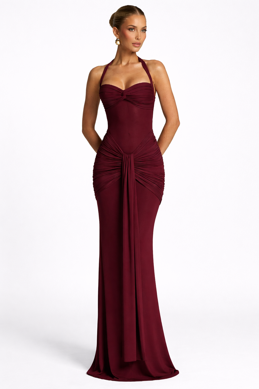 Elegant women's black halter neck maxi dress with ruched waist and mesh detail, perfect for evening wear.