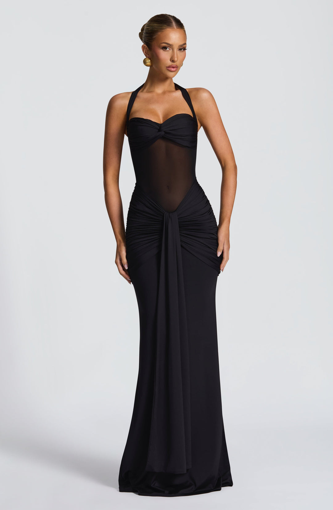 Chic women's halter maxi dress, ruched waist & mesh details. Ideal elegant evening dress or party formal wear.