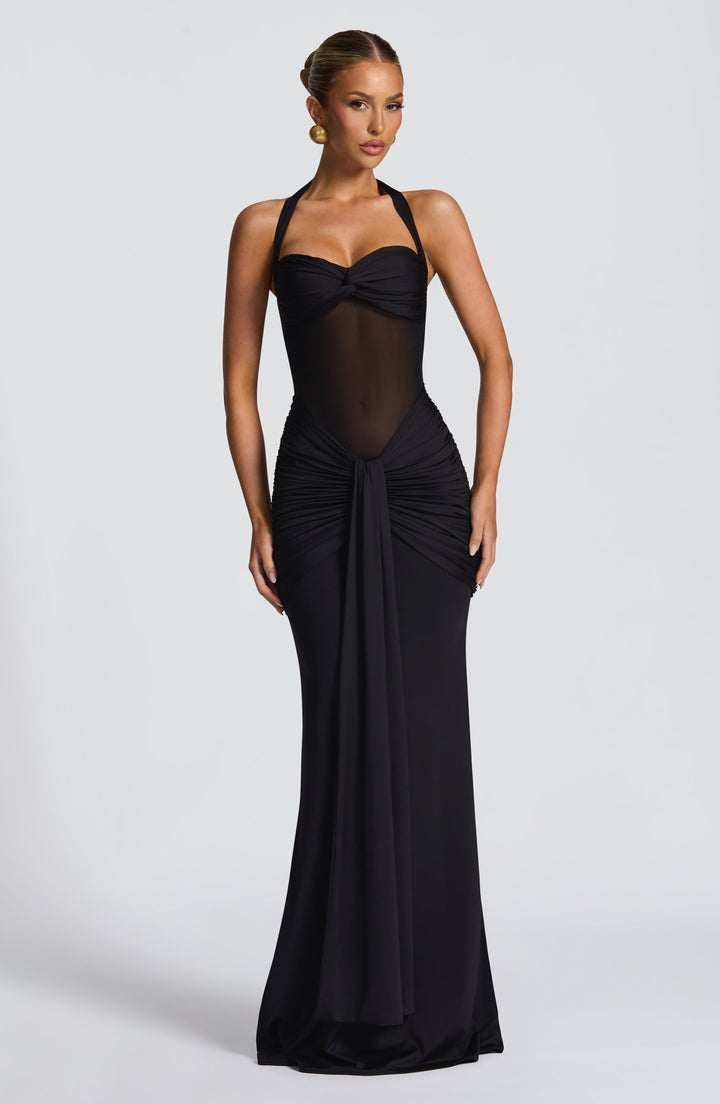 Chic women's halter maxi dress, ruched waist & mesh details. Ideal elegant evening dress or party formal wear.