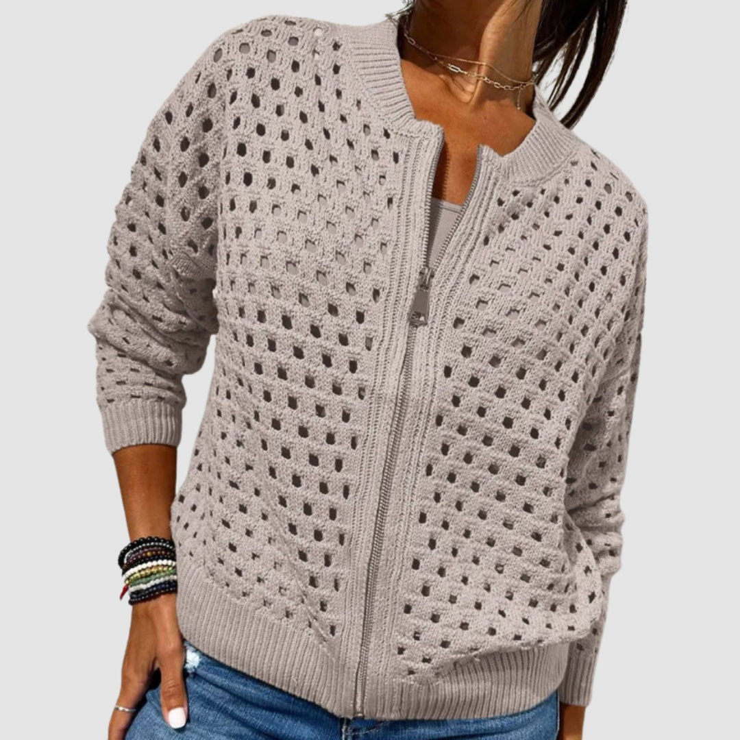 Stylish women's beige knitted cardigan, an elegant and cozy jacket, suitable for everyday wear and layering.