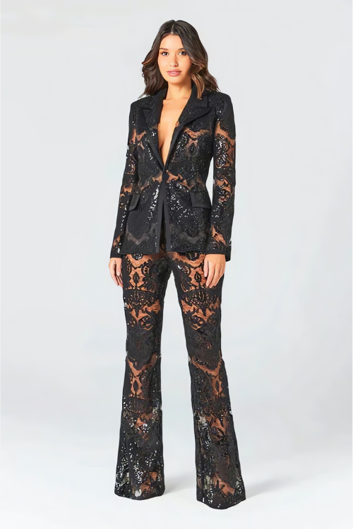 Elegant women's black lace co-ord set with sheer blazer and flared trousers, perfect for evening wear.