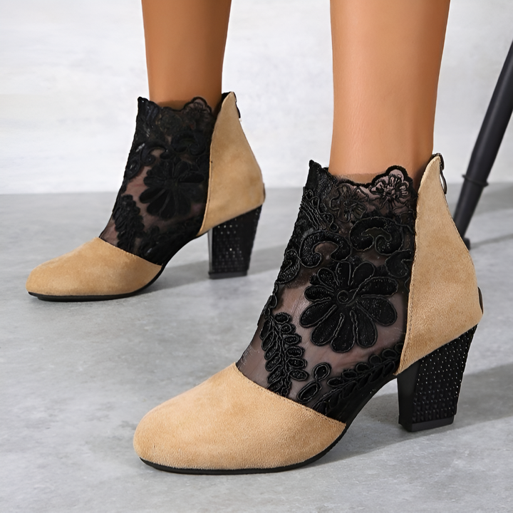 Stylish brown embroidered lace high heels for women, featuring a delicate floral design for special occasions.