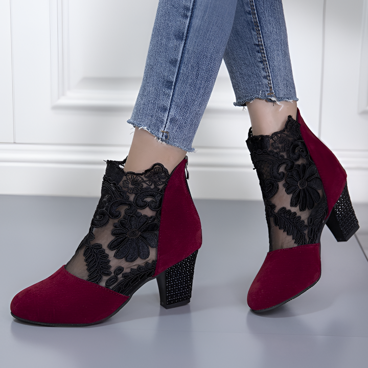 Stunning red high heels with elegant embroidered lace, women's formal party footwear for fashion looks.