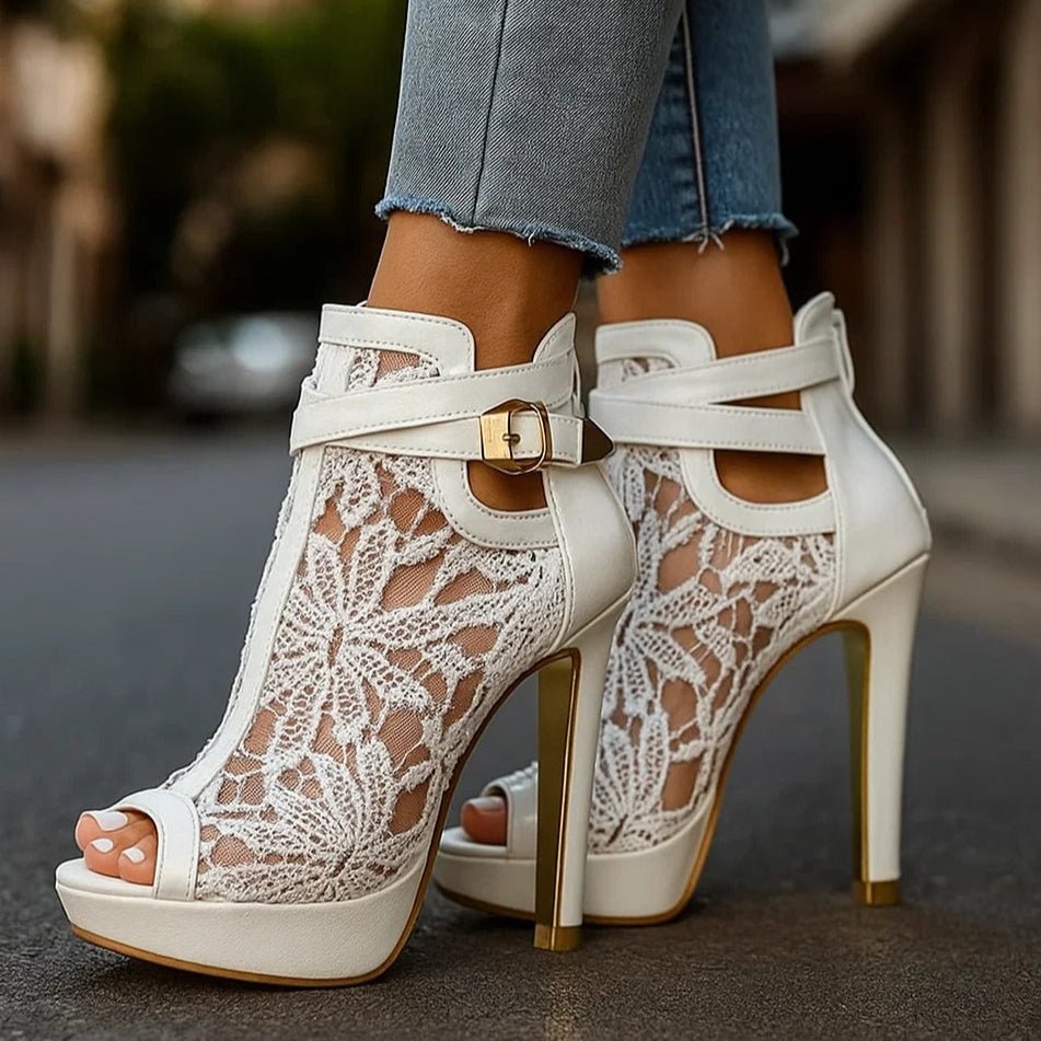 Elegant women's black lace peep-toe ankle boots with stiletto heel & platform, perfect for parties & evening wear.