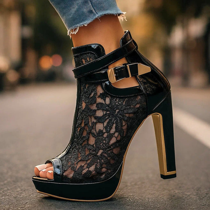 Fashionable party boots: women's white lace peep-toe ankle boots with stiletto heels, platform & secure ankle strap.
