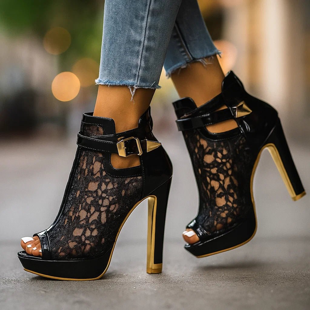 Luxurious wedding shoes: women's lace peep-toe stiletto platform ankle boots, perfect for brides & formal events.
