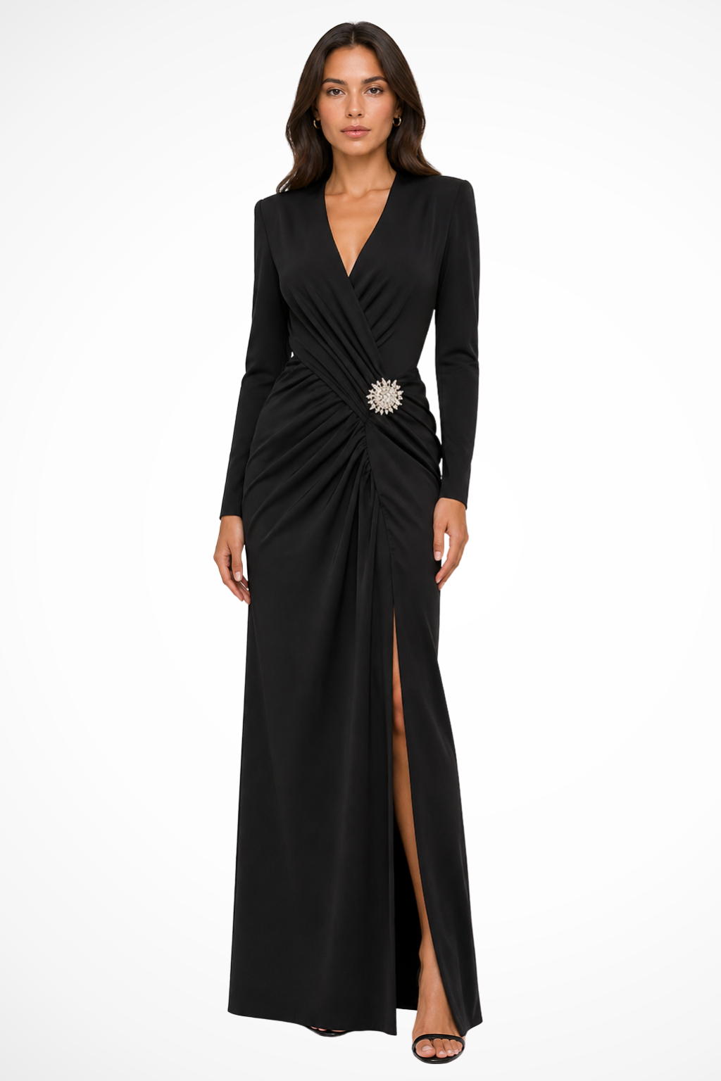 Elegant women's black long sleeve ruched V-neck maxi dress with side slit, perfect for formal events & wedding guests.