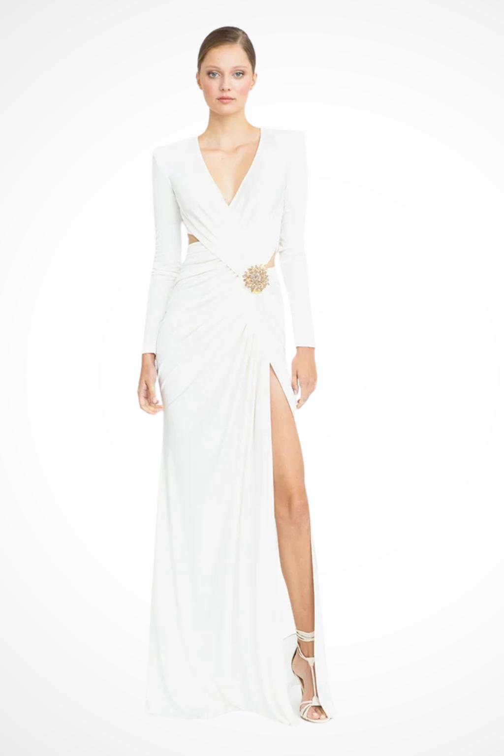 Stylish white V-neck maxi dress for women with long sleeves, ruched detail, and a chic side slit for special occasions.