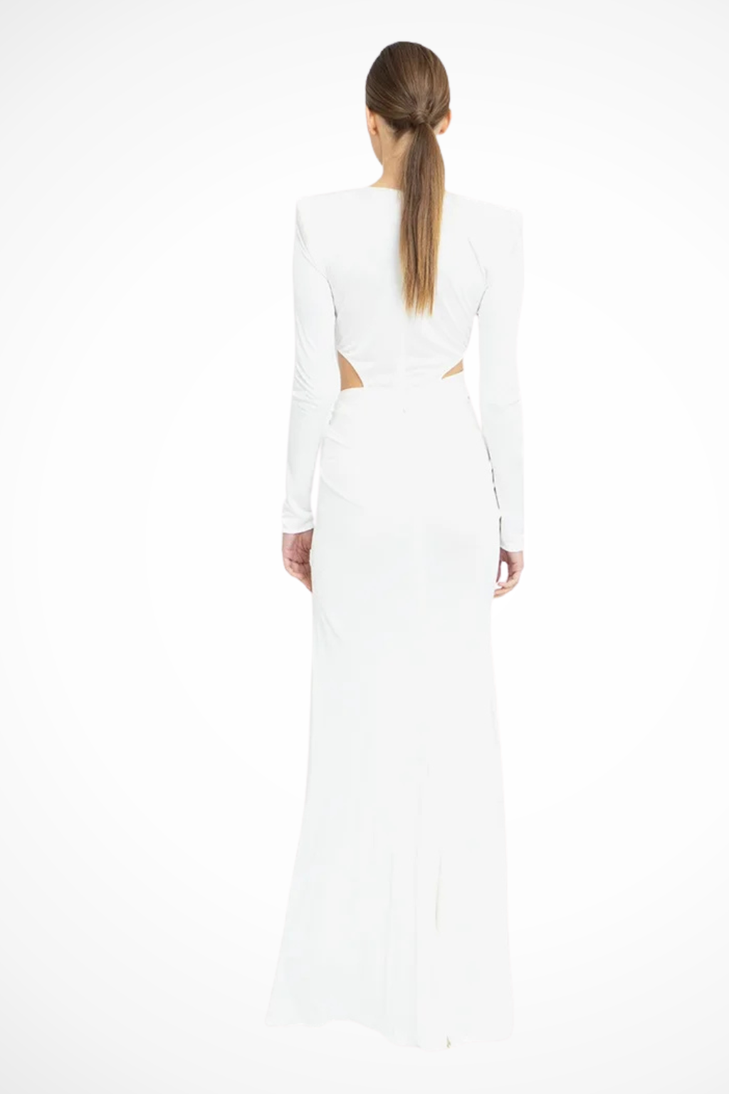 Formal women's long sleeve V-neck maxi dress, designed with elegant ruching and a stylish side slit for evening wear.