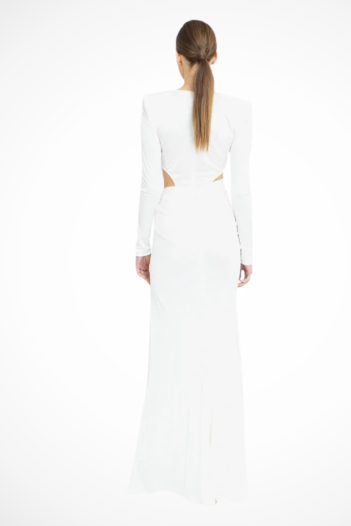 Formal women's long sleeve V-neck maxi dress, designed with elegant ruching and a stylish side slit for evening wear.