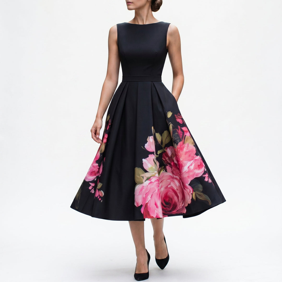 Elegant women's black midi cocktail dress, perfect for formal parties & evening events. Chic & sophisticated.