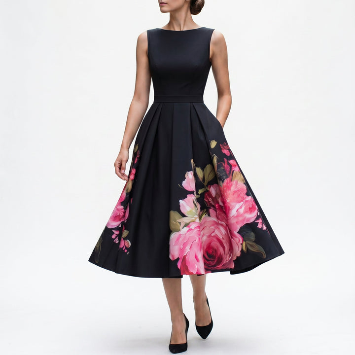 Elegant women's black midi cocktail dress, perfect for formal parties & evening events. Chic & sophisticated.