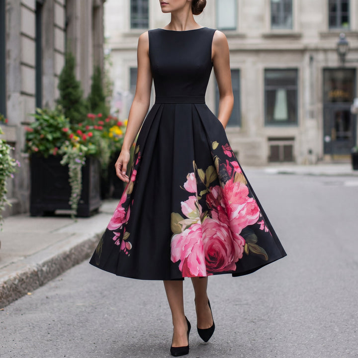 Sophisticated black midi dress for women, ideal for cocktail parties, formal events & special occasions.