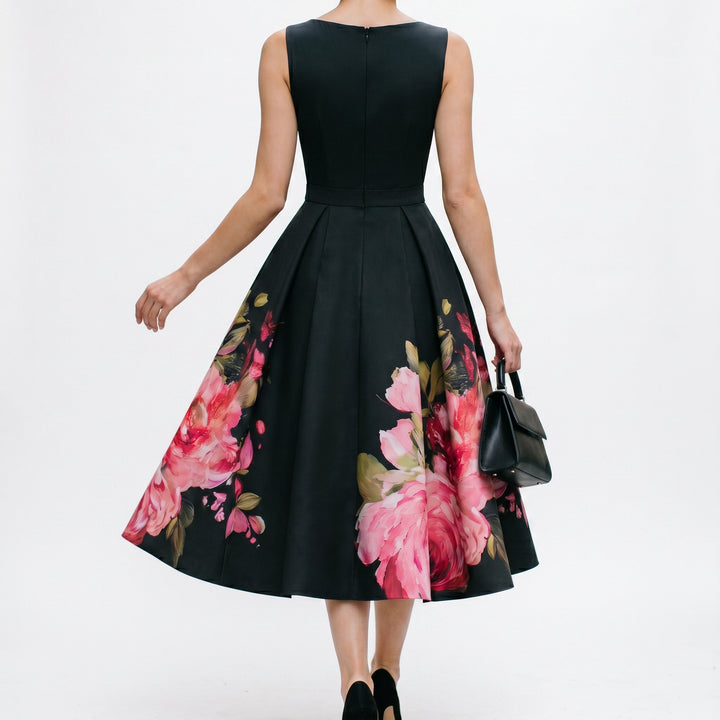 Chic women's elegant black midi dress, a stunning formal & evening wear option for any special occasion.