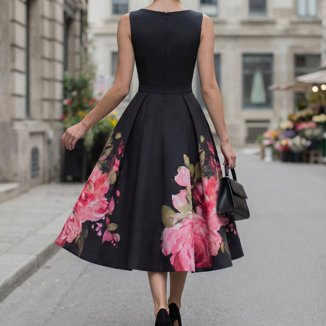 Classic black midi cocktail dress for women, an elegant & versatile piece for parties, evenings & formal wear.