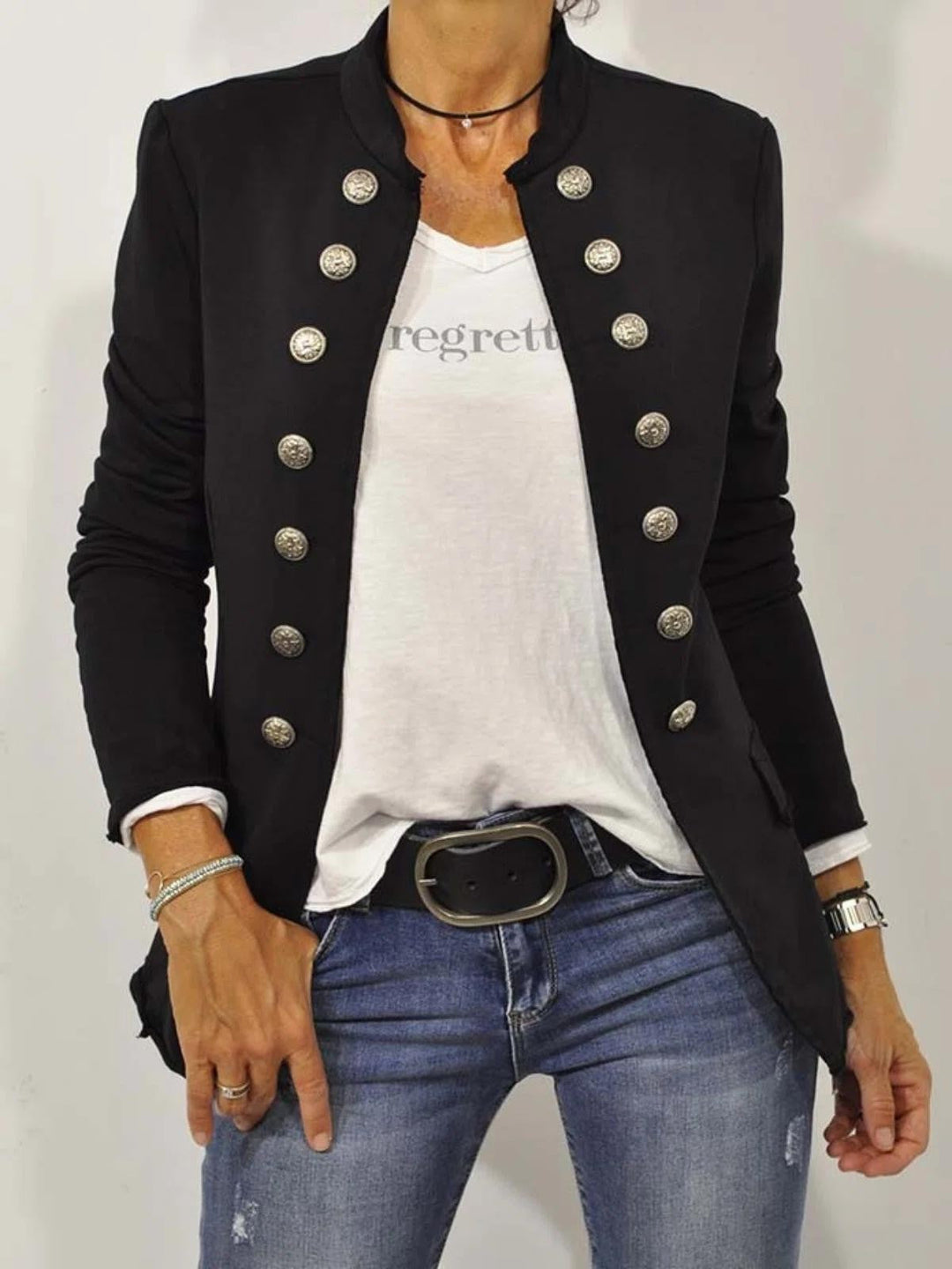 Elegant women's black military style blazer with stand collar. Tailored jacket, perfect for professional & chic outerwear.
