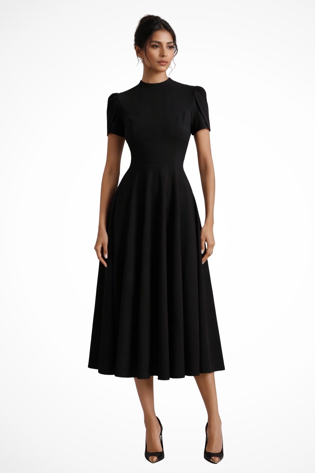 Elegant women's black mock neck puff sleeve A-line midi dress, perfect for a wedding guest or formal event.