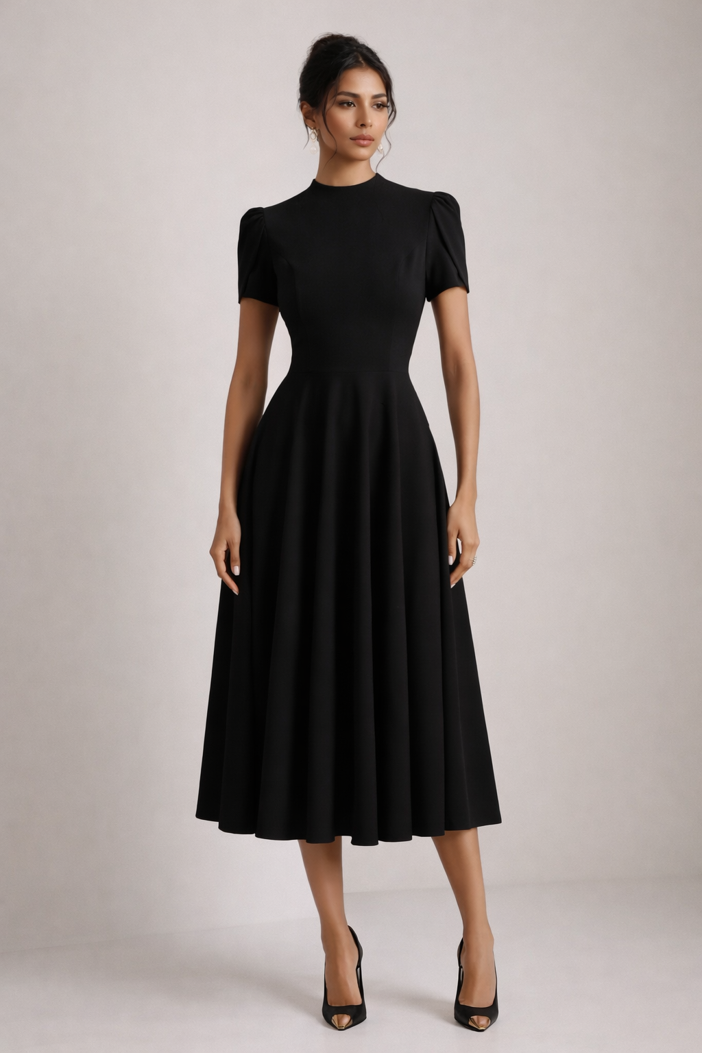 Sophisticated black midi dress with mock neck and puff sleeves, an A-line design for formal occasion wear.