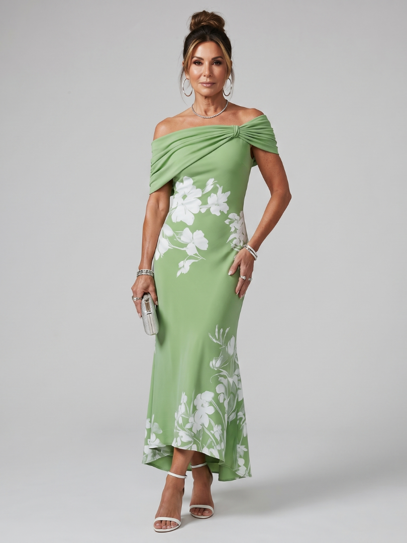 Elegant women's black off-shoulder draped midi dress, perfect for evening parties & formal events.