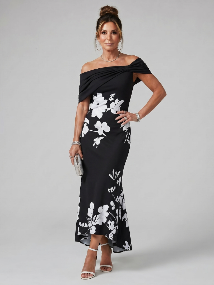 Women's elegant off-shoulder green midi dress with a sophisticated draped neckline, tailored fit.