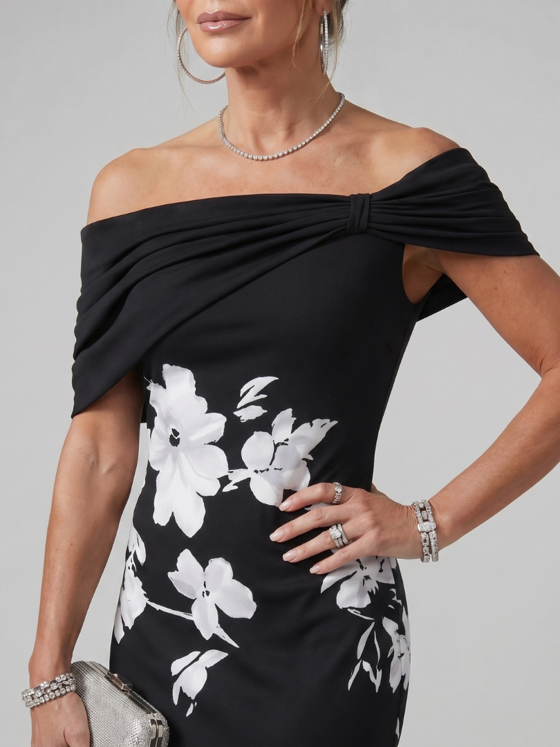 Chic blue off-shoulder draped midi dress, a stunning women's fashion piece for evening & parties.