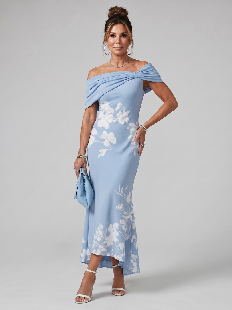 Party-ready off-shoulder green midi dress for women, featuring a beautiful draped neckline & tailored fit.