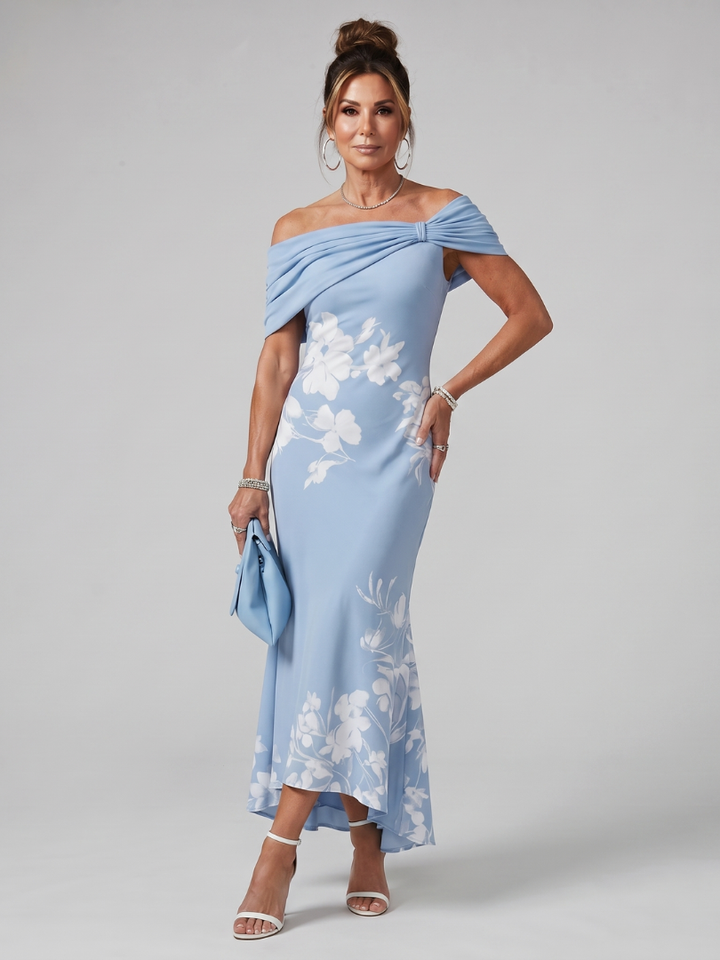 Party-ready off-shoulder green midi dress for women, featuring a beautiful draped neckline & tailored fit.