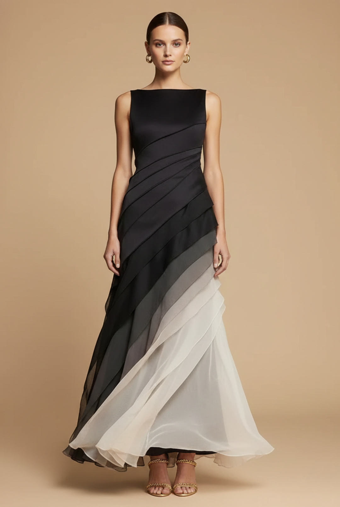 Elegant women's black ombre formal maxi dress with a flowing silhouette, perfect for evening wear & special occasions.