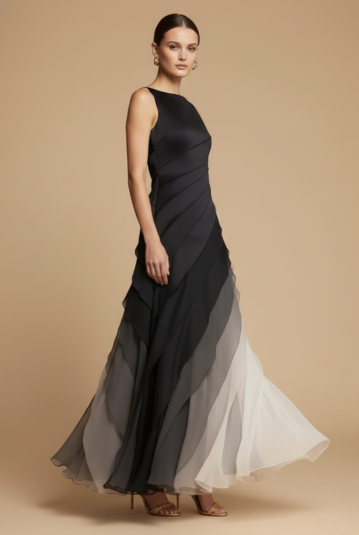 Sleeveless black ombre formal gown featuring a chic tiered skirt, ideal for elegant evening events.