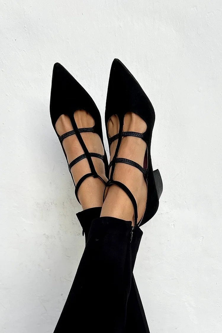 Elegant women's black strappy pointed flats with low block heel & adjustable ankle strap, perfect for work or dress.