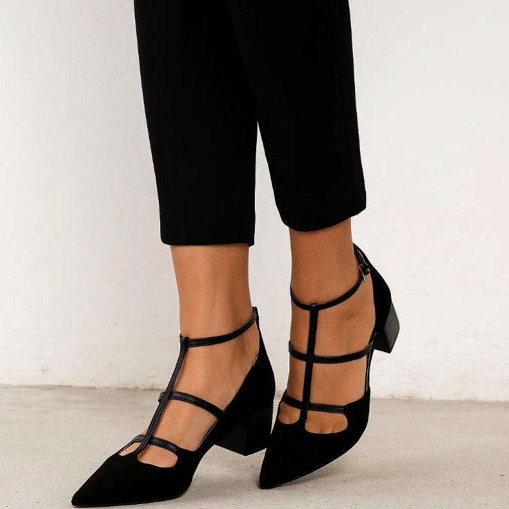 Comfortable women's strappy pointed flats with low block heel & ankle strap, versatile for day-to-night wear.