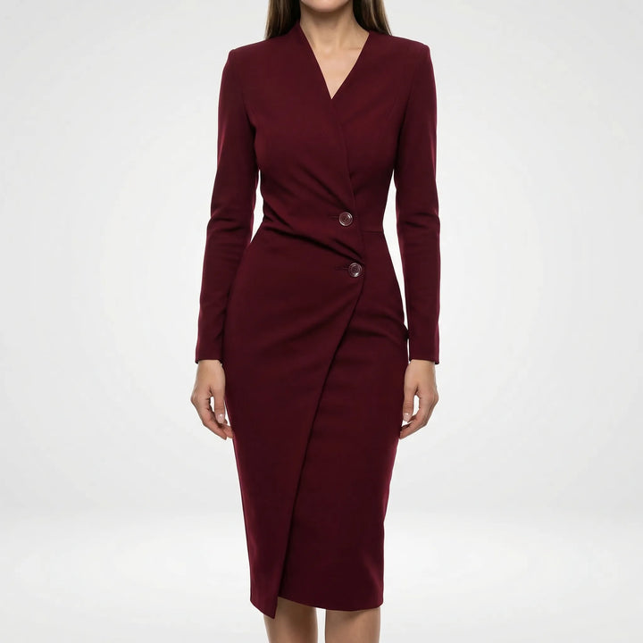 Sophisticated burgundy wrap midi dress for women, featuring long sleeves & a V-neck, ideal for parties & formal wear.