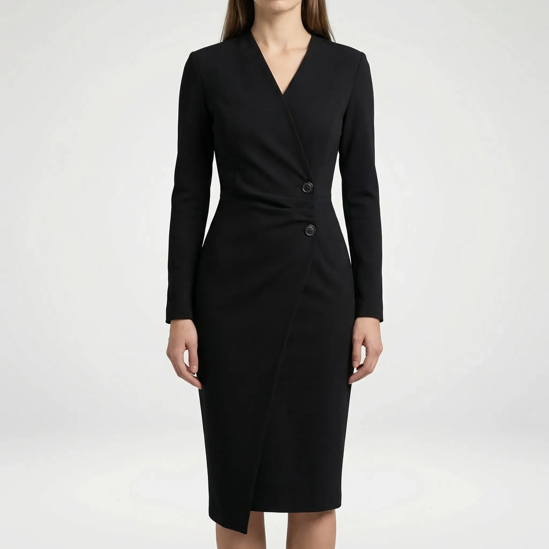 Stylish women's black elegant wrap midi dress with long sleeves & a flattering V-neck for sophisticated comfort.