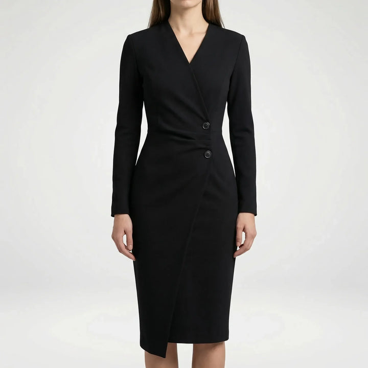 Stylish women's black elegant wrap midi dress with long sleeves & a flattering V-neck for sophisticated comfort.