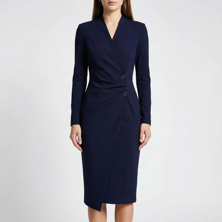 Versatile women's elegant long sleeve V-neck wrap midi dress, suitable for evening wear, parties & formal occasions.