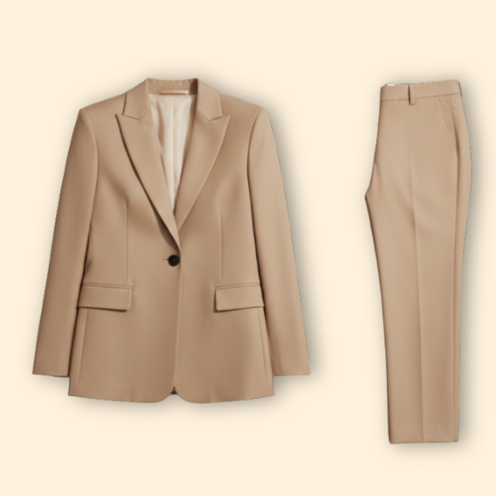 Elegant women's blazer & straight-leg trouser set for professional or business casual wear. Coordinated two-piece.