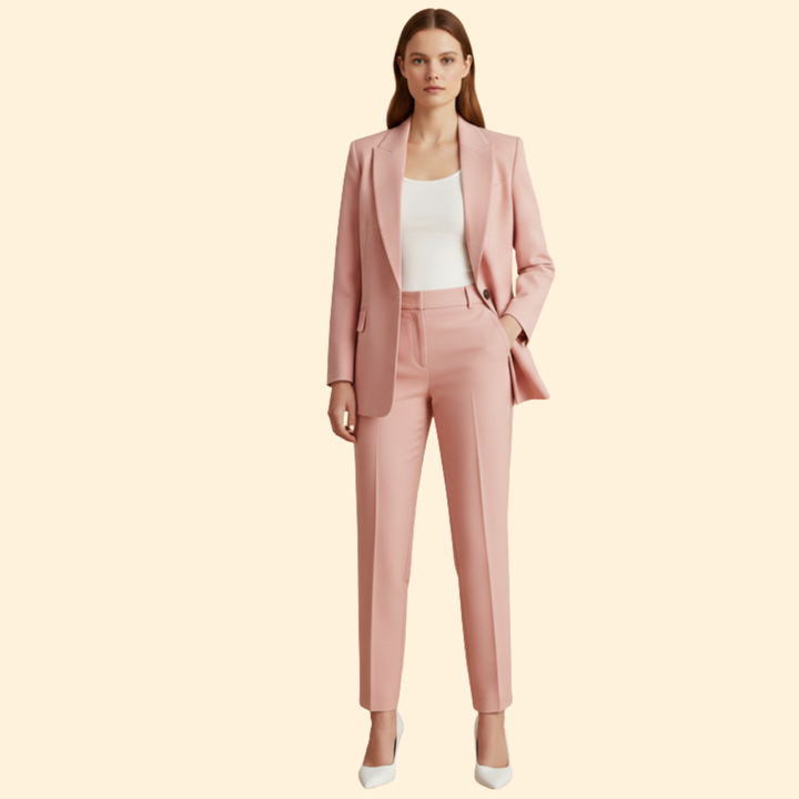 Smart women's blazer & straight-leg trouser set, offering elegant professional wear and business casual style.