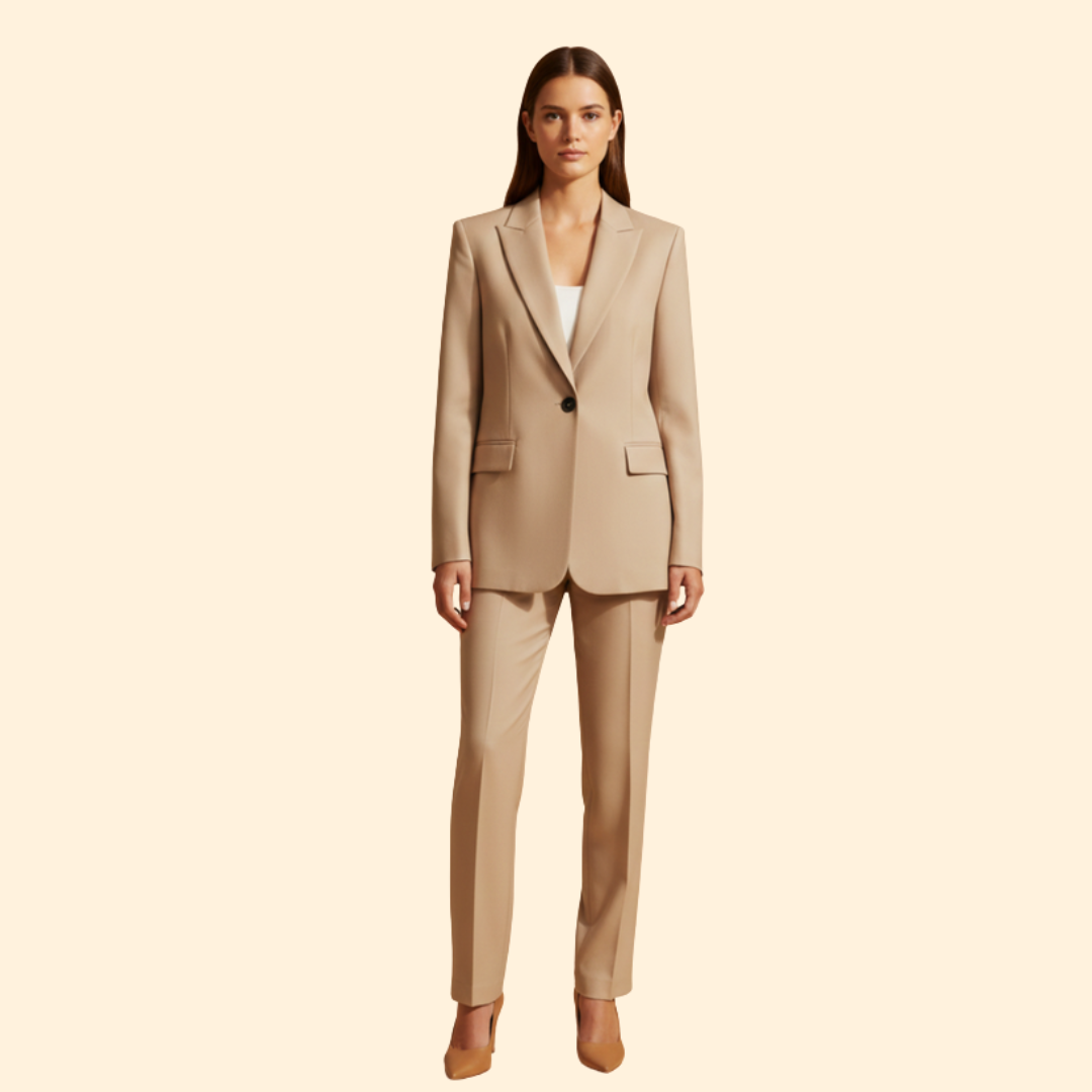 Chic women's blazer and straight-leg trouser suit, ideal for office attire, formal events, or business meetings.